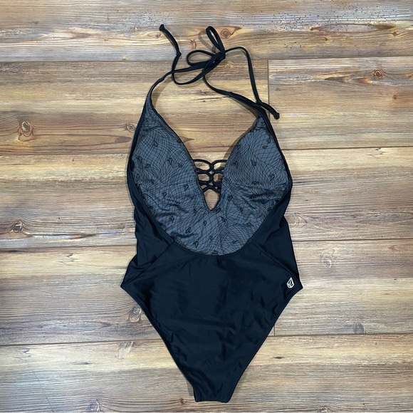 Volcom Black Simply Solid One-Piece Swimsuit Tie Halter Knotted Skimpy Small NEW - Picture 5 of 11